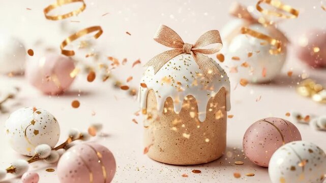 Easter cake or sweet bread with white icing and a pink bow, surrounded by golden Easter eggs and willow branches, for spring holiday celebration.