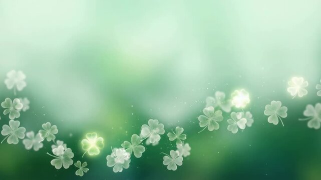 Saint Patrick's Day Gentle movement of white clover flowers against a soft green backdrop, illuminated by subtle glowing lights, creating a tranquil and magical scene