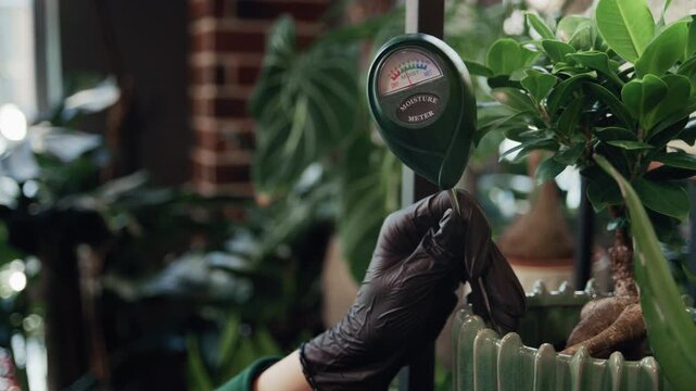 Professional gardener in a plant store using a soil moisture meter to check a potted plant