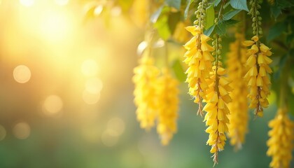 Golden yellow flowers hang from tree branches. Soft sunlight creates bokeh circles in the blurred background. Green leaves surround delicate hanging blooms.