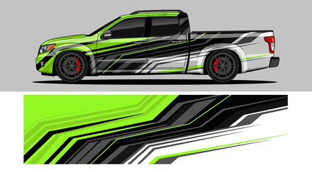 Obraz premium Dynamic green and black racing graphic wrap on a pickup truck design.