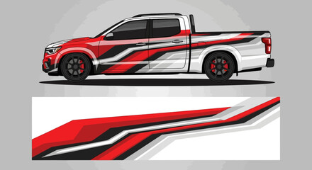 Graphic-wrapped pickup truck with bold red, white, and black stripes design showcasing automotive graphics. © AhzaArdiansyah