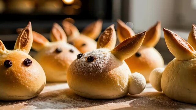 Tracking shot with dolly and zoom of bunny shaped bread rolls arranged on kitchen counter near oven as camera pushes in to close up over windowsill morning light
