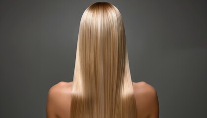 Fototapeta premium Long, silky blonde hair flowing gracefully down a woman's back against a soft gray background