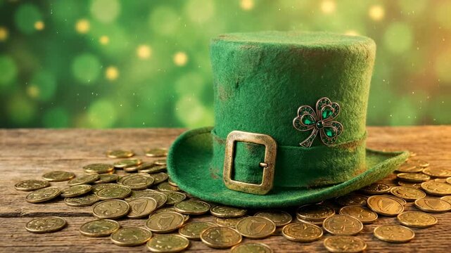 Saint Patrick's Day Green leprechaun hat with shamrock rests on a wooden table surrounded by gold coins, set against a blurred green bokeh background for a festive look