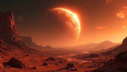 Fototapeta premium Red alien planet landscape with massive glowing moon or planet rising over rocky desert terrain. Stars visible in dark sky with orange haze. Vast desolate world.