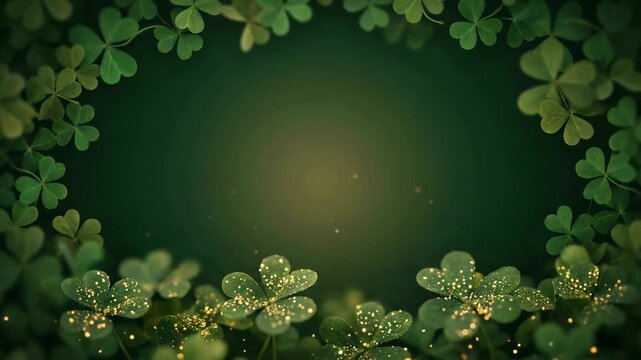 Saint Patrick's Day Green clover leaves adorned with sparkling elements form a decorative frame around a softly glowing center, ideal for seasonal and festive designs