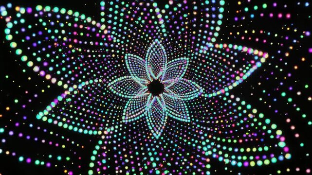 無数の粒子が連鎖して花の形を描きゆっくり回転する幻想的な点描粒子アート背景