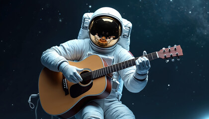 Fototapeta premium Astronaut plays acoustic guitar in outer space. Stars and nebulae create a dark cosmic backdrop. This scene blends music, space exploration, and creative fantasy.