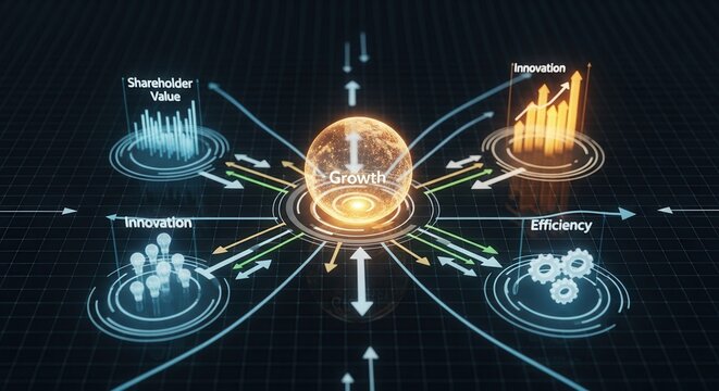 Strategic capital management visualization representing the effective allocation of resources for driving sustainable economic growth and shareholder value. no human,no face,