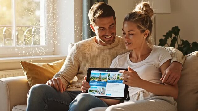 Smiling couple looking at travel map on digital tablet