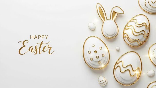 Happy Easter text with stylish paper cut layered eggs and bunny ears. Holiday greeting card design and spring celebration concept.
