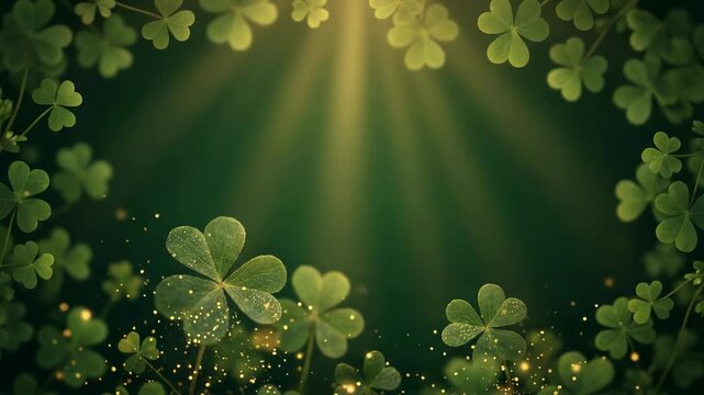 Saint Patrick's Day Lush green clovers bask in soft golden light, surrounded by sparkling particles, creating a tranquil and enchanting natural scene