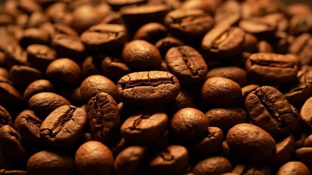 Pile of fresh, roasted coffee beans background texture pattern.