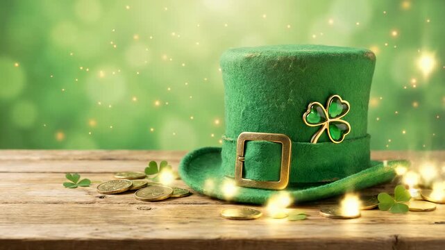 Saint Patrick's Day Green leprechaun hat with a shamrock rests on a wooden table, surrounded by gold coins and clovers, set against a soft bokeh background