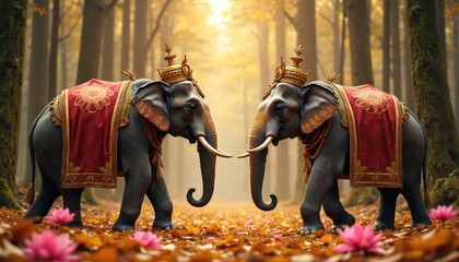 Obraz premium Two elephants in ornate crowns and red blankets walk in a sunlit forest. Pink lotuses bloom on the fallen autumn leaves. Elephants display grandeur in a magical woodland setting.