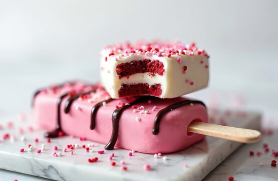 Two pink and white cakesicles with sprinkles sit on a marble board. One cakesicle has chocolate drizzle, the other has a bite taken out showing red velvet cake inside.