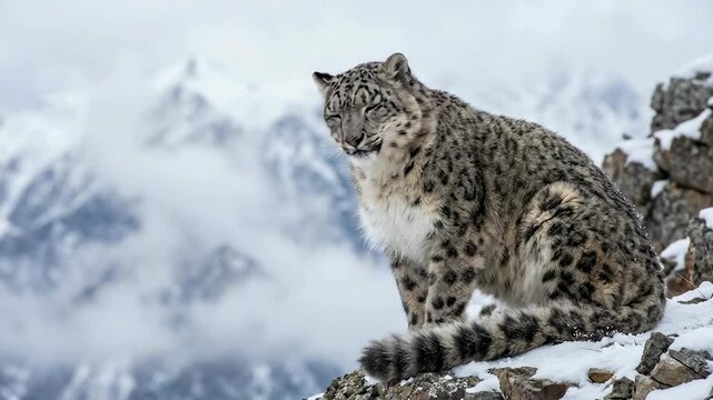 Snow leopard sits on a rocky ledge, observing the snowy mountain landscape, with clouds drifting in the background, highlighting its striking features