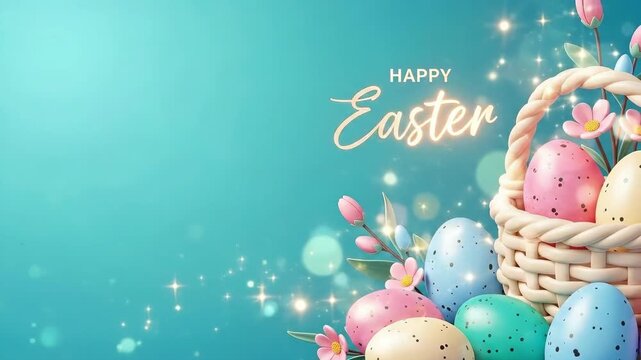 Happy Easter text with colorful eggs in a basket and spring flowers. Holiday greeting card design for spring celebration.