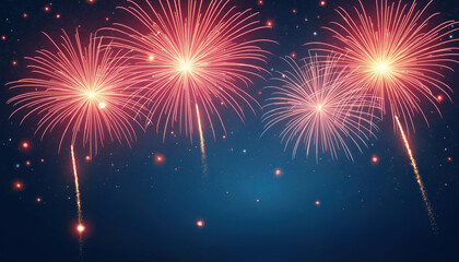 Obraz premium Bright red fireworks burst in dark night sky full of stars. Explosions light up the sky, celebrating event with dazzling display. Background art for national holidays and parties.