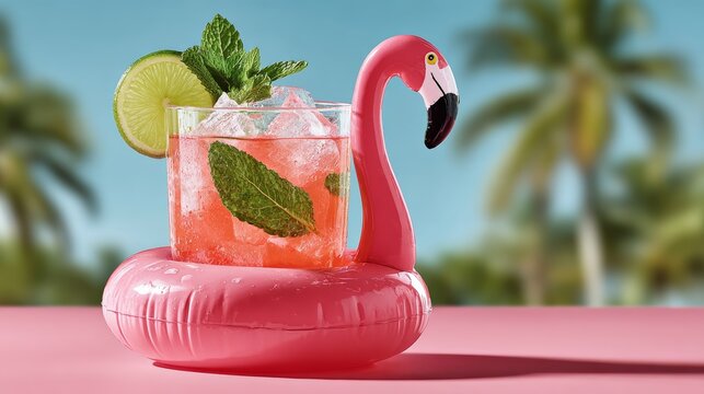 Refreshing summer cocktail served in a glass with ice, garnished with mint and lime, placed on a pink flamingo drink holder against a tropical background