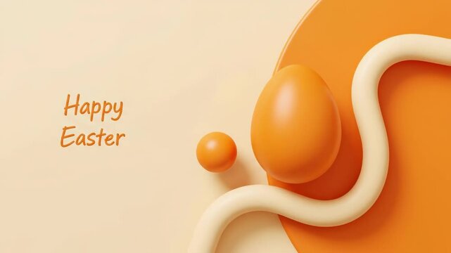 Happy Easter text with orange eggs and abstract shapes on a light background. Minimalist holiday concept for greeting card and seasonal banner.