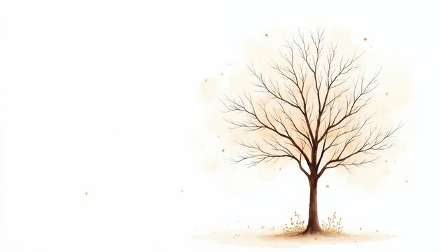 Bare beige ash tree watercolor painting. Delicate branches reach out against soft washed background. Small leaves drift down, evoking fall or winter themes. Clean, minimalist art.