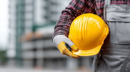 Fototapeta premium Construction worker in gray overalls holds a yellow hard hat while standing in front of a partially constructed building with scaffolding and blurred background