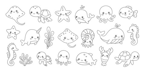 Outline sea animals. Minimalist vector illustration for children marine designs © Lifeking