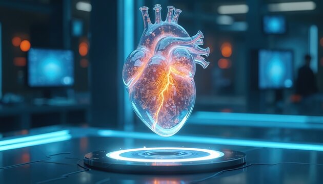 Transparent cybernetic heart hovers mid-air inside dark sci-fi lab. Illuminated by bright blue light, glowing energy pulses within its complex structure. Advanced technology concept.