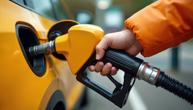 Hand holds fuel nozzle pouring gas into yellow car. Orange jacket person at gas station. Daylight scene, vehicle refueling process, car tank filling.