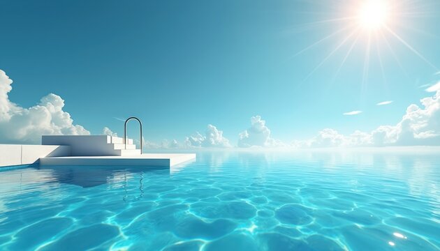 Empty diving platform and bright sun over clear blue swimming pool water. White architecture contrasts with azure sky and fluffy clouds. Relaxing summer scene for vacation and leisure.