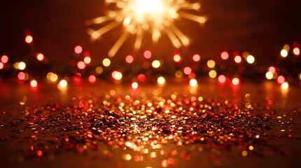 Obraz premium Fireworks explosion over sparkling confetti on festive ground at night from a low viewpoint