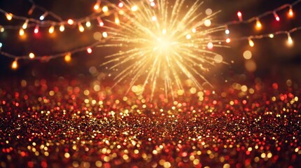 Celebratory fireworks exploding over a vibrant festive red and gold decoration background viewed from above