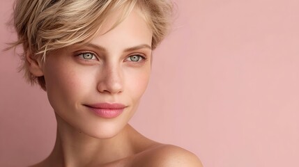 Fototapeta premium A beautiful young woman with short blonde hair and blue eyes smiling softly against a pink background