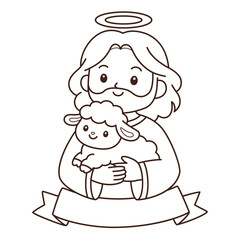 Fototapeta premium Cute cartoon Jesus holding lamb with halo and blank ribbon banner Easter coloring page outline