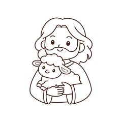 Cute cartoon Jesus hugging little lamb no halo simple Easter coloring page outline illustration