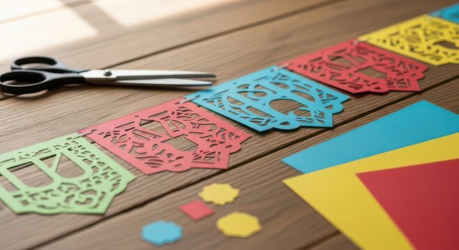 Colorful traditional mexican papel picado banners cut from bright paper lying on wooden table with scissors and craft supplies, shallow depth of field. Concept of mexican culture celebration decoratio