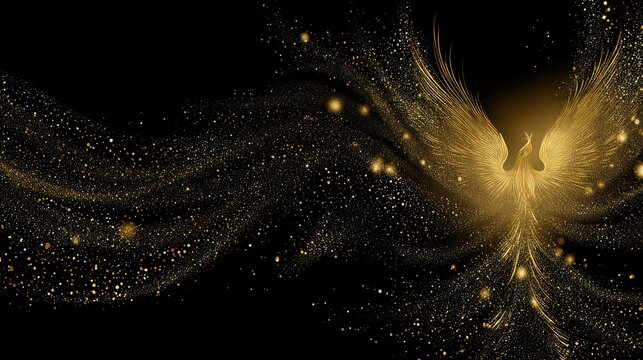Golden, stylized phoenix with outstretched wings on black, surrounded by glittering dust