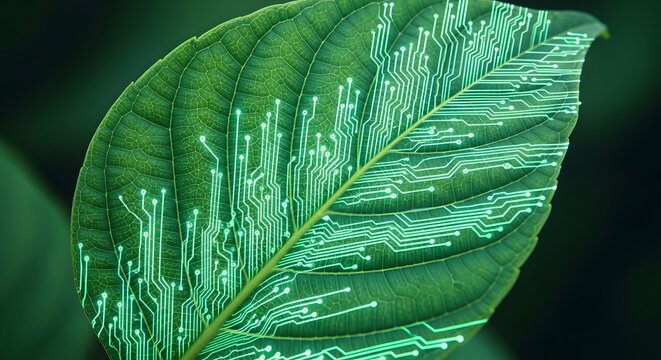 Digital circuit patterns on a vibrant green leaf representing technology and nature merging seamlessly