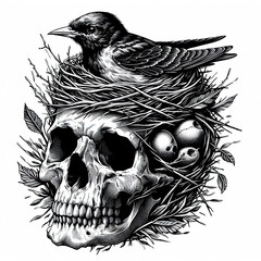 Obraz premium Human Skull with Bird Nest