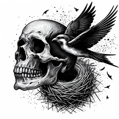 Fototapeta premium Human Skull with Bird Nest