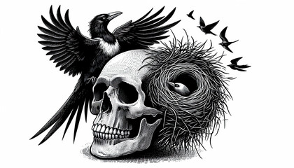 Obraz premium Human Skull with Bird Nest