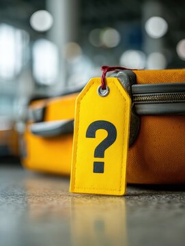 Close-up of Luggage Tag With Question Mark at Airport During Daytime Showing Uncertainty About Travel Plans in Busy Setting