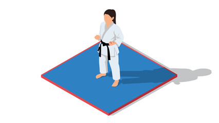 Isometric martial arts training with karate practitioner in white gi on mat