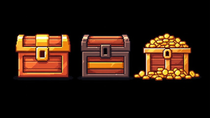 Pixel treasure chests. Wooden chest treasures open box, pixelart retro game icon mystery golden coin pirate gold money gem 8 bit video arcade ui travel kicky vector illustration © Creavlix