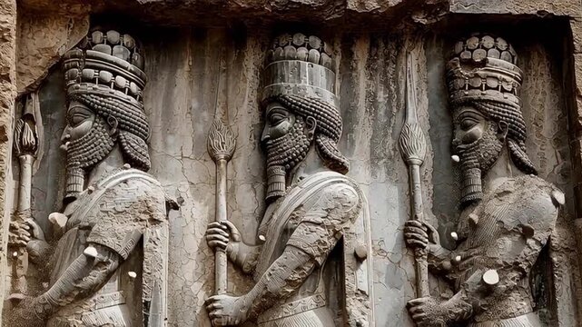 Ancient stone bas relief carvings of persian immortal guards holding spears at the ruins of persepolis, the ceremonial capital of the achaemenid empire near shiraz, iran