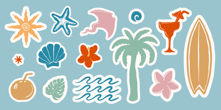 Hand drawn summer beach stickers set with surfboard, palm tree, cocktail and seashells. Colorful retro style stickers with white outline. Vector illustration.