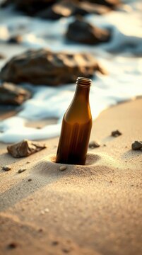 A generic amber-colored glass bottle stands upright, partially buried in the textured, golden sand of a sun-drenched beach. The warm glow of the late afternoon or early morning sun illuminates the sce