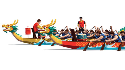Colorful dragon boat race with paddlers in dynamic action